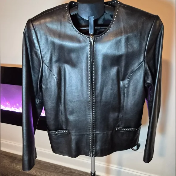 Talbots 100% Leather Moto Lady Jacket Black White Stitching Size 14P - Picture 1 of 8